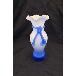 Blue White Art Glass Vase Frosted Satin Cobalt Trail 8 Inch